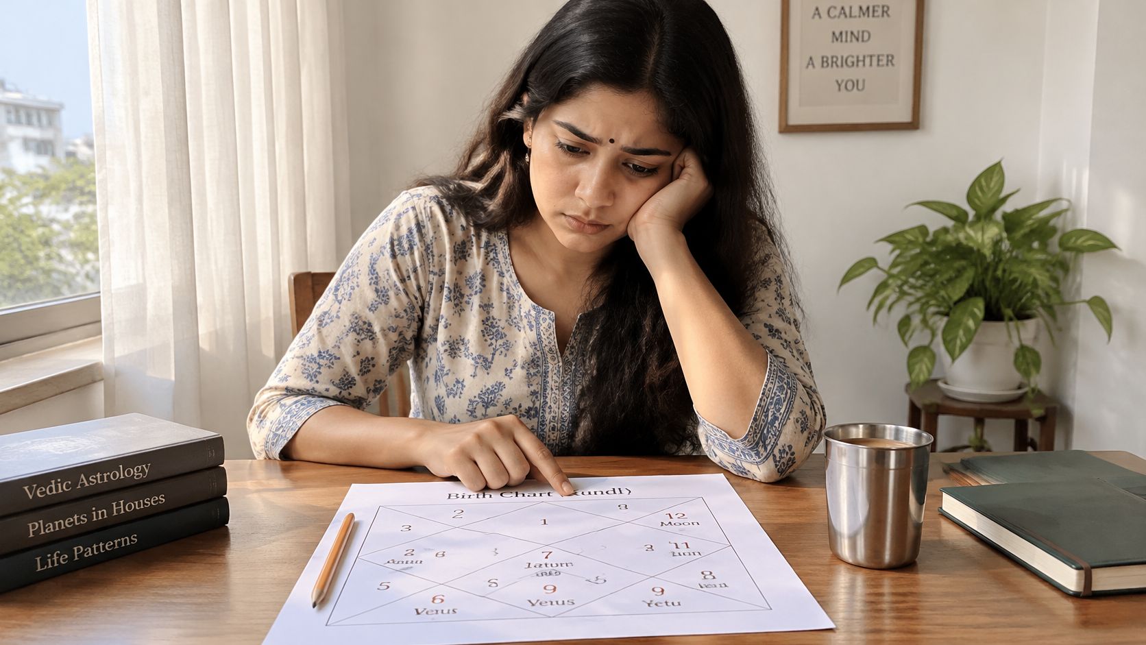 A pensive woman studies a Vedic astrology birth chart on a wooden desk with reference books nearby.