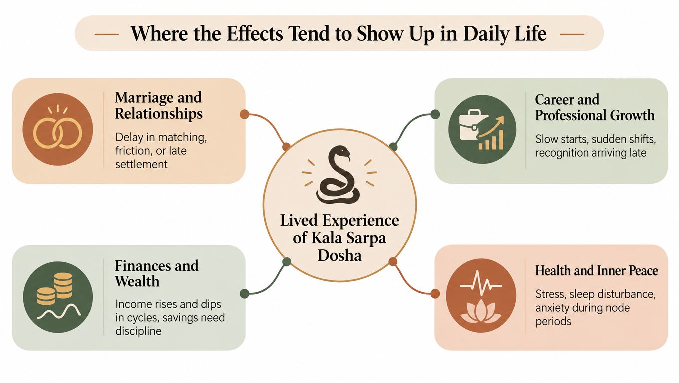 A diagram illustrating the lived experience of Kala Sarpa Dosha across marriage, career, finances, and health.