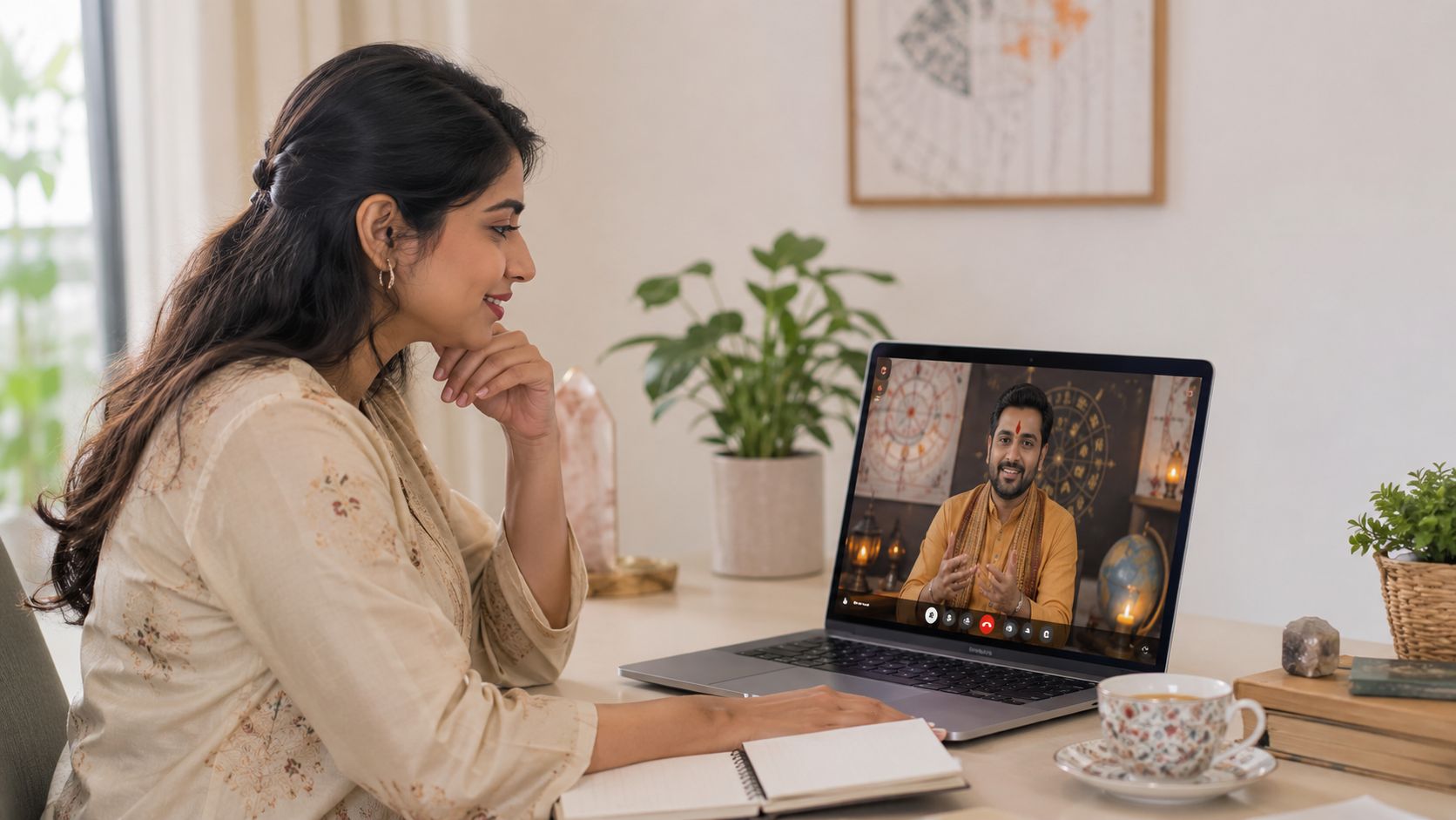 A young Indian woman consulting an astrologer online through a laptop screen in a bright, modern room.