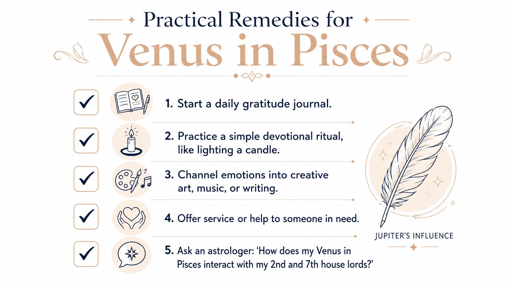 A list of five practical remedies for Venus in Pisces including journaling, rituals, and creative expression.
