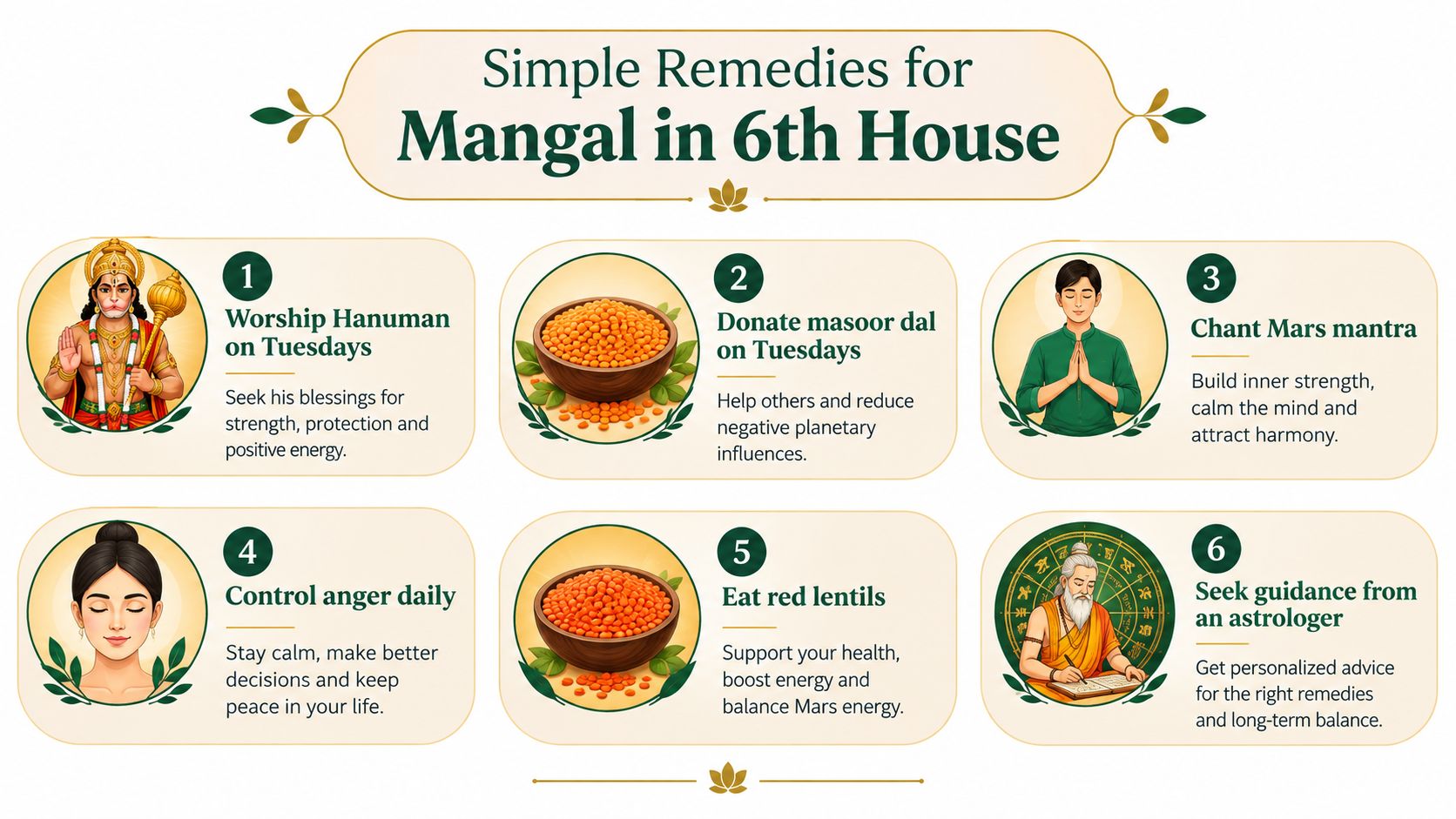 An infographic detailing six spiritual and lifestyle remedies for managing Mars in the 6th house position.