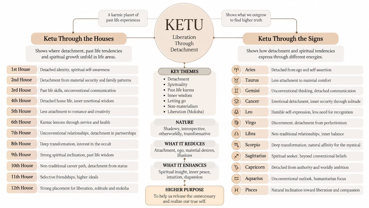 A comprehensive infographic explaining the astrological significance, house placements, and zodiac sign influences of Ketu.