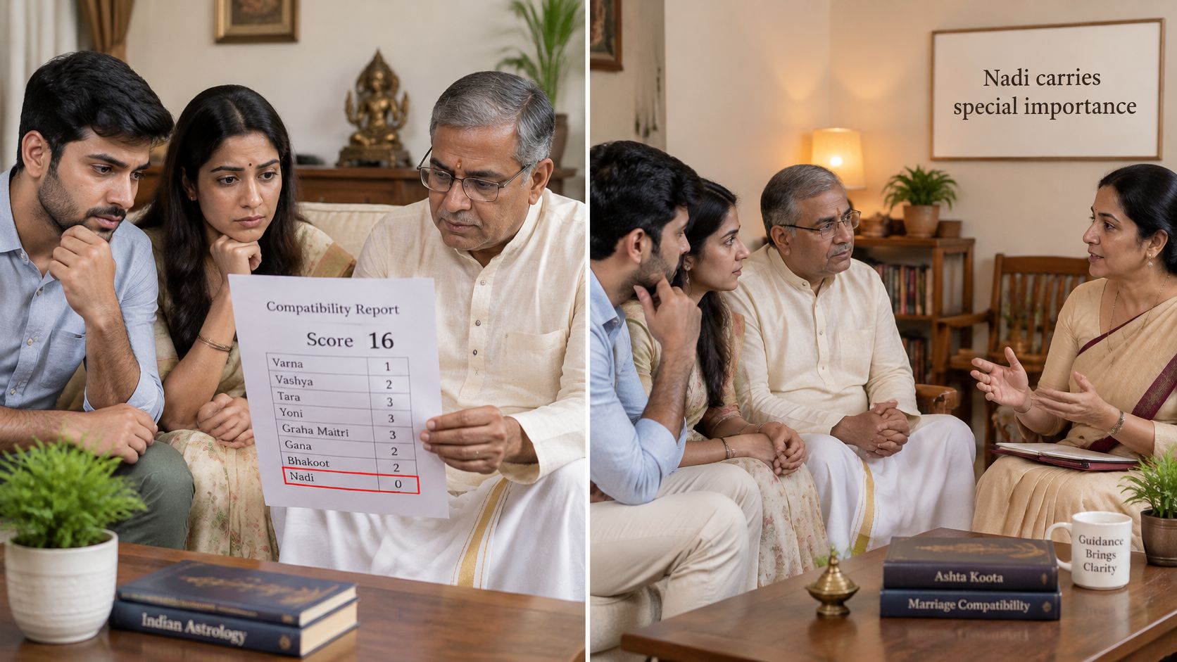 A family discusses an Indian astrology marriage compatibility report with a low Nadi score.