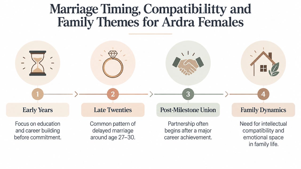A visual guide outlining marriage timing, compatibility, and family themes for Ardra Nakshatra females in four stages.
