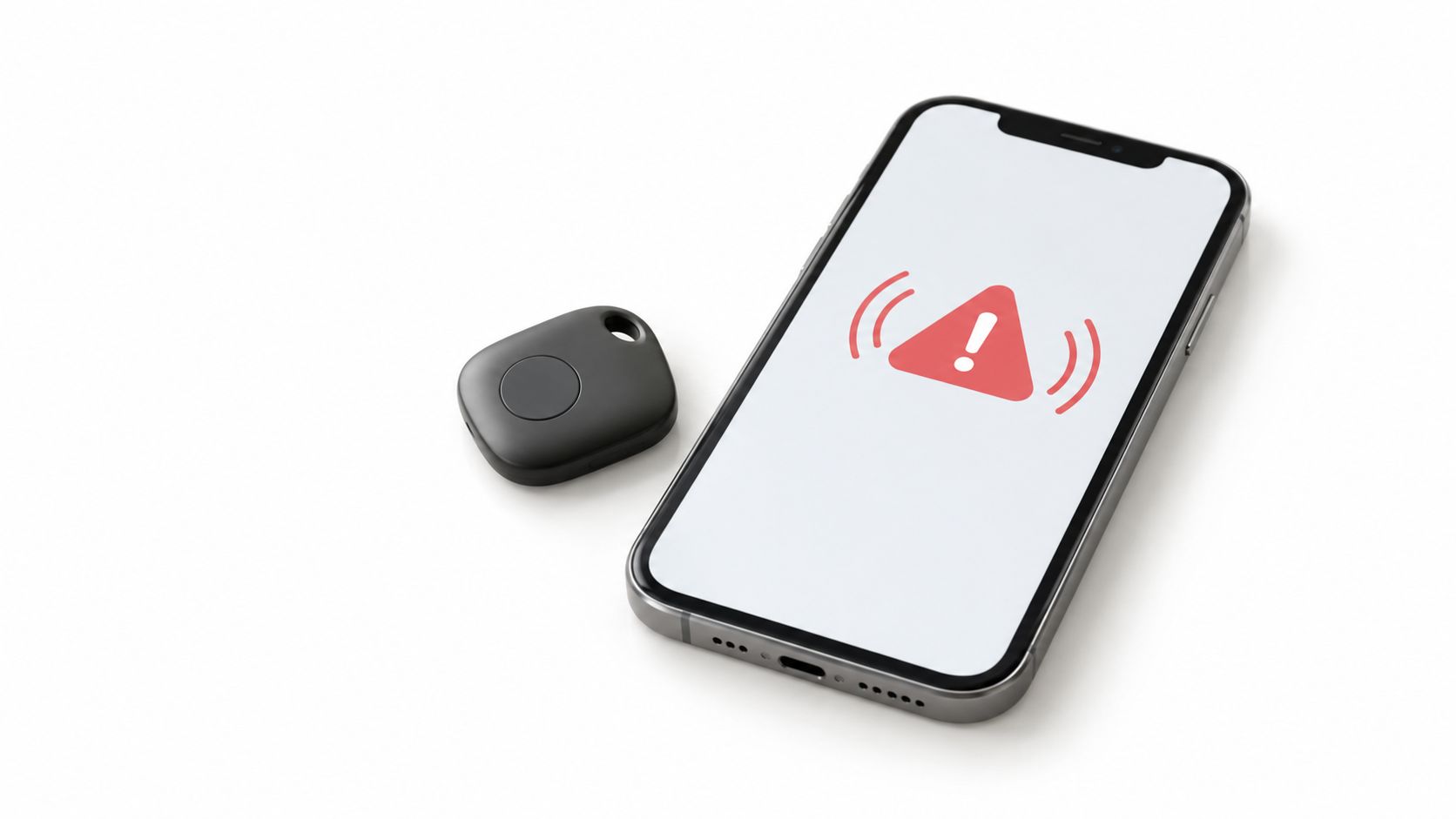 A black Bluetooth tracking tag placed next to a smartphone showing a red exclamation mark warning icon.