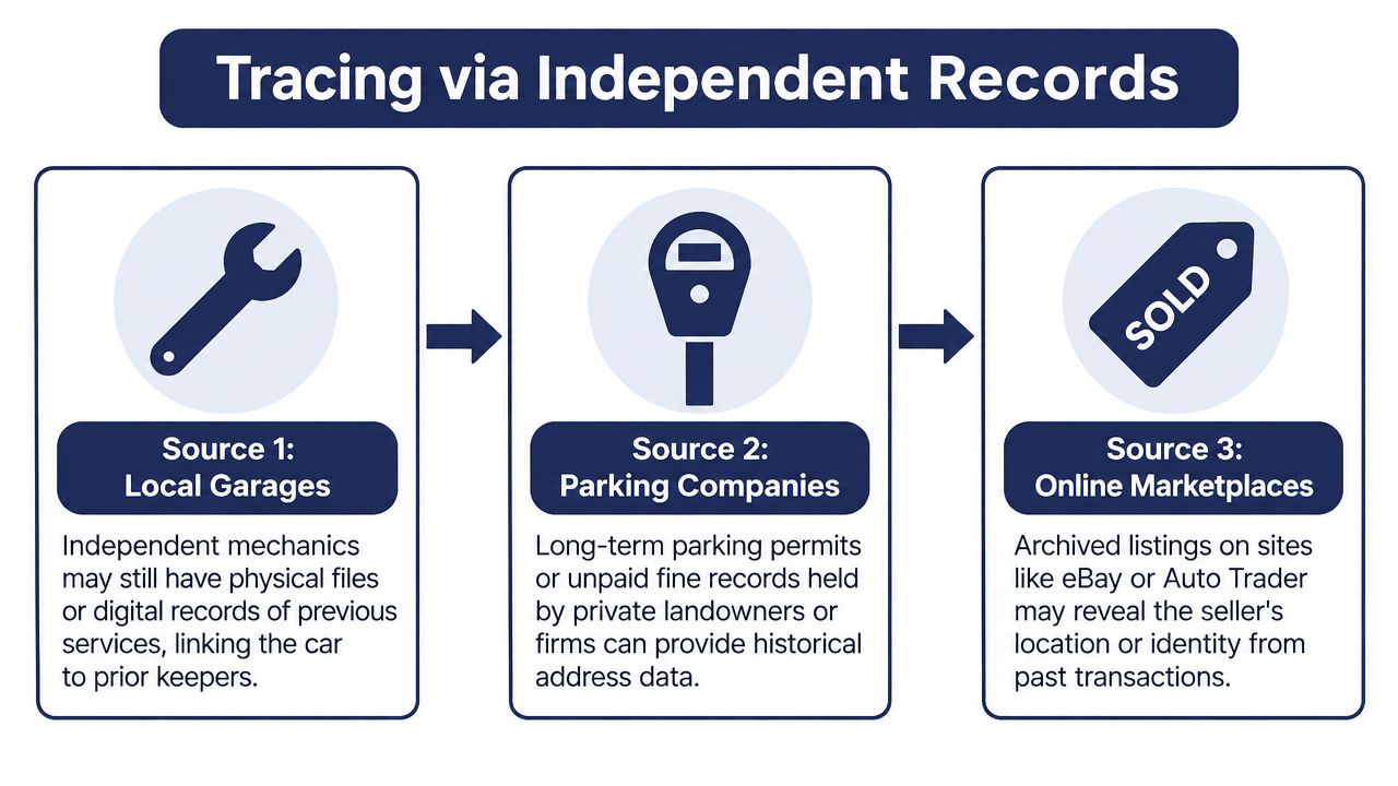 A diagram illustrating three independent sources for tracing a vehicle's previous owner through garage, parking, and marketplace records.
