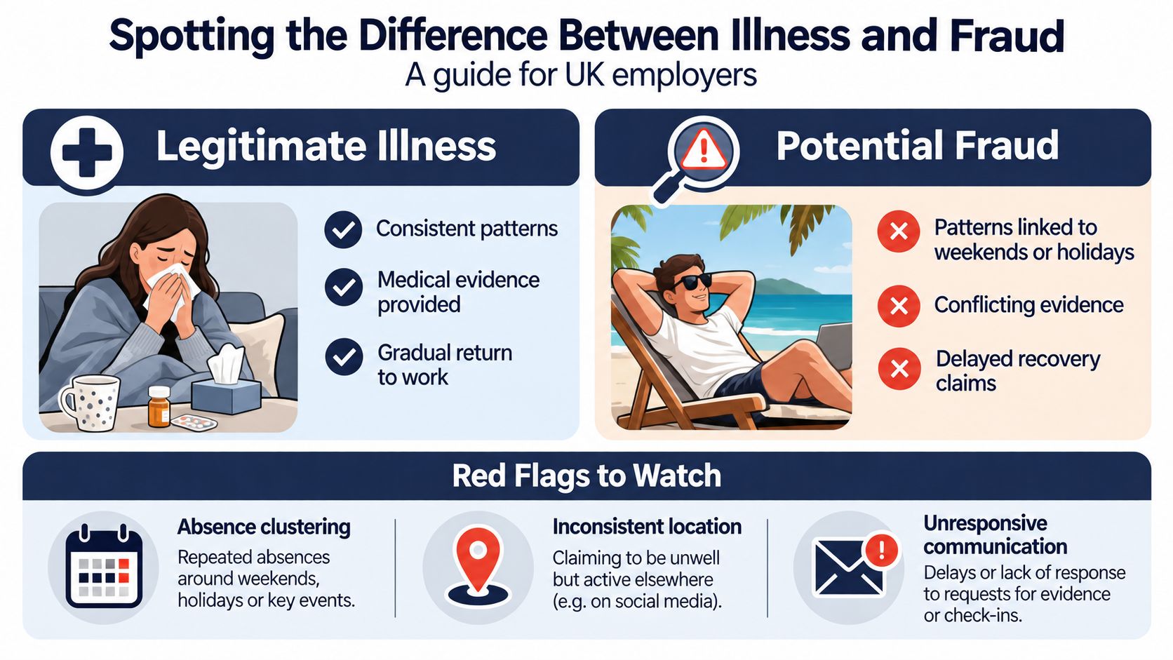 An infographic titled Spotting the Difference Between Illness and Fraud for UK employers, highlighting absence warning signs.