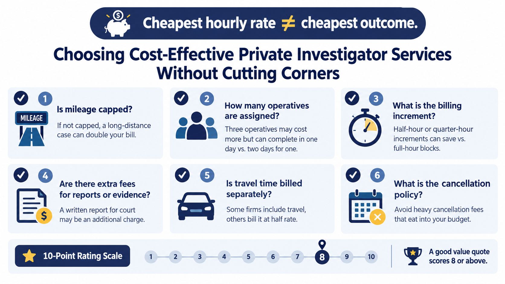 An infographic titled Choosing Cost-Effective Private Investigator Services offering six tips for managing investigation costs effectively.