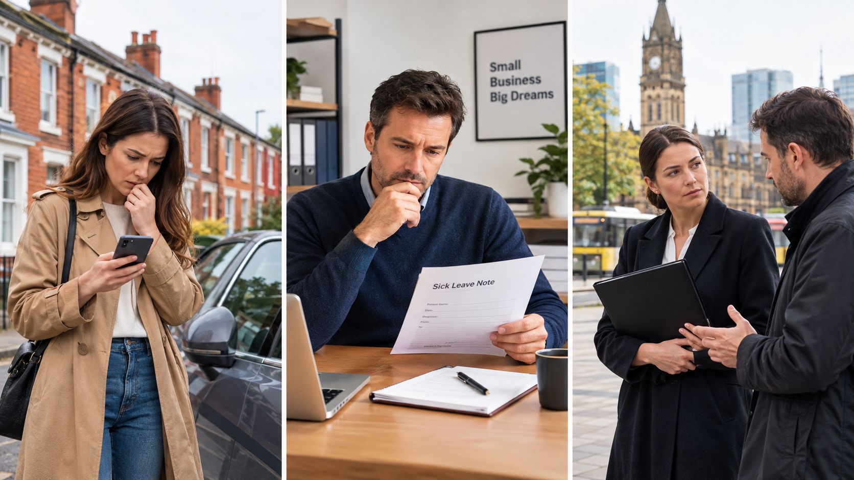 A composite image showing a woman on a phone, a man reviewing sick leave, and two professionals talking.
