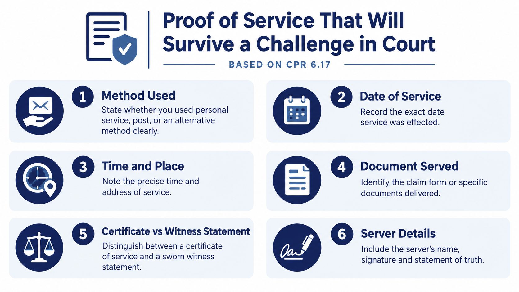 A professional infographic outlining six essential requirements for valid court proof of service documentation.