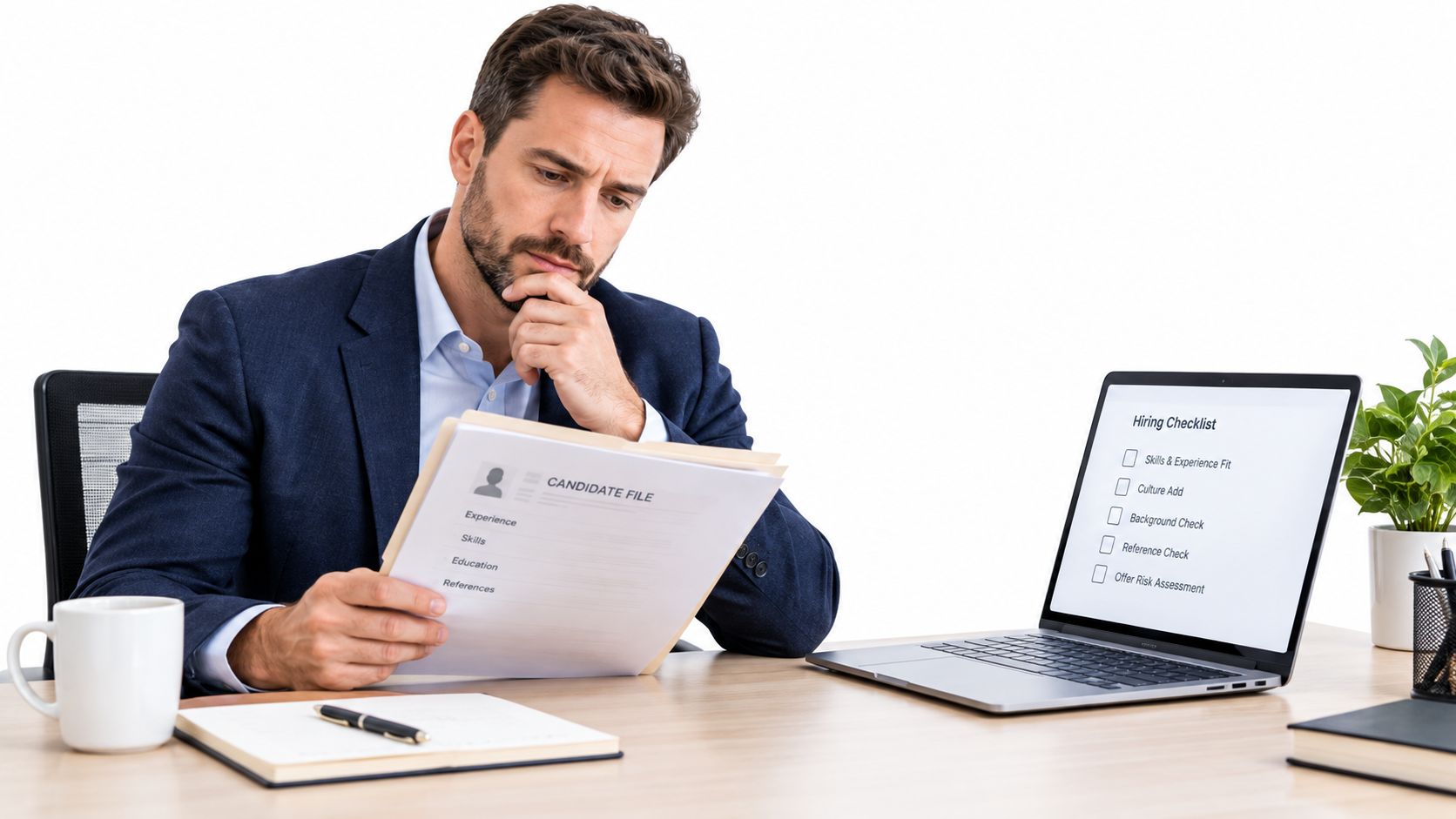 A professional man in a business suit reviewing a candidate file while sitting at his office desk.