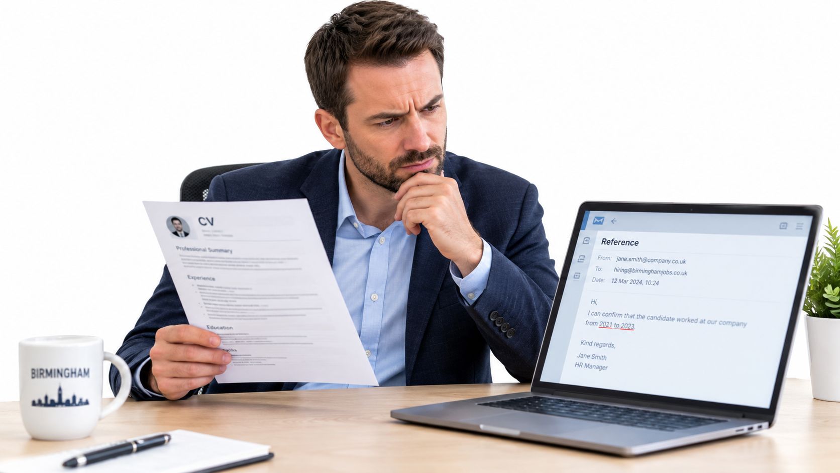A professional man at a desk comparing a physical CV with an email reference on his laptop.
