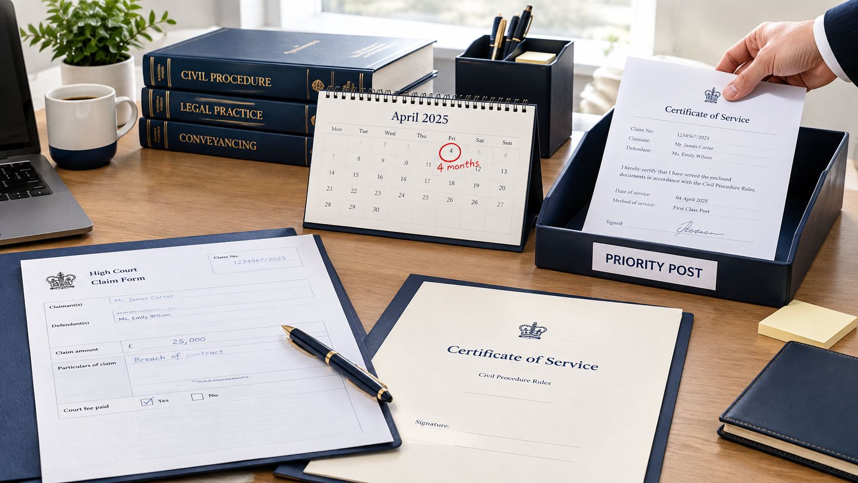 A legal workspace with a claim form, certificate of service documents, a desk calendar, and a pen.