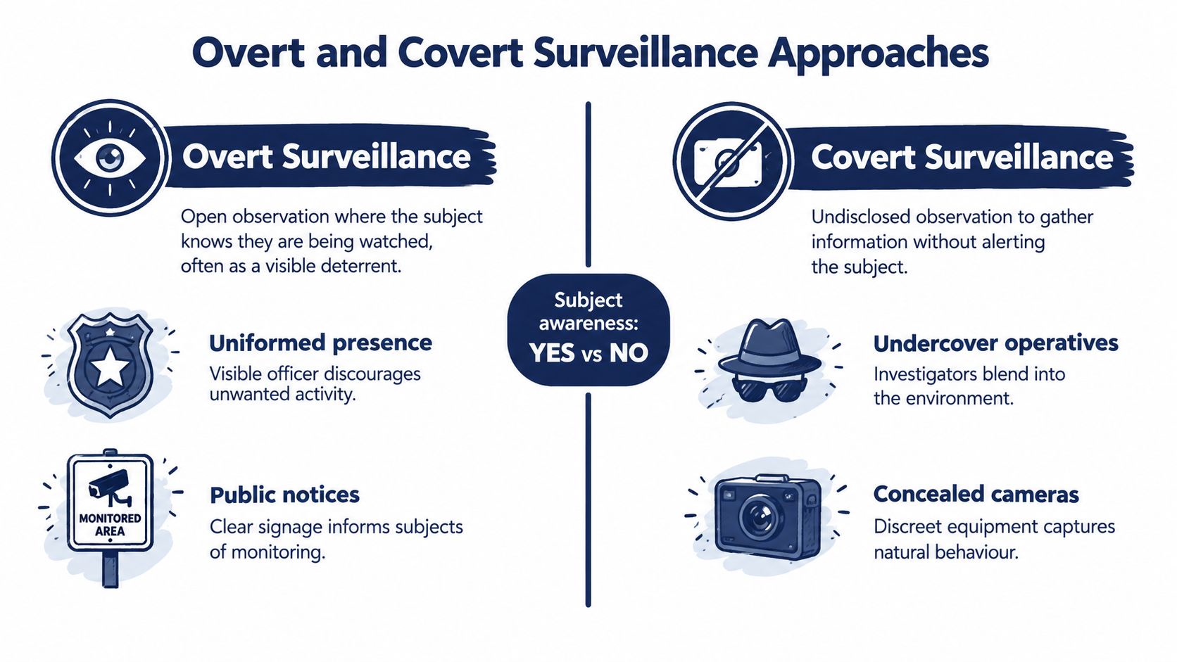 A diagram contrasting overt and covert surveillance approaches with examples of each technique and subject awareness.