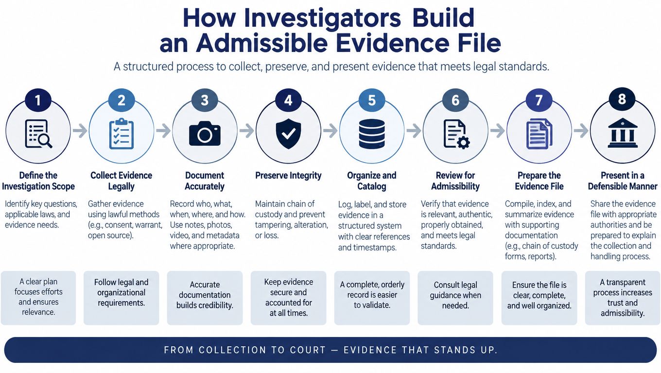 A diagram illustrating the eight-step process for investigators to build an admissible legal evidence file.