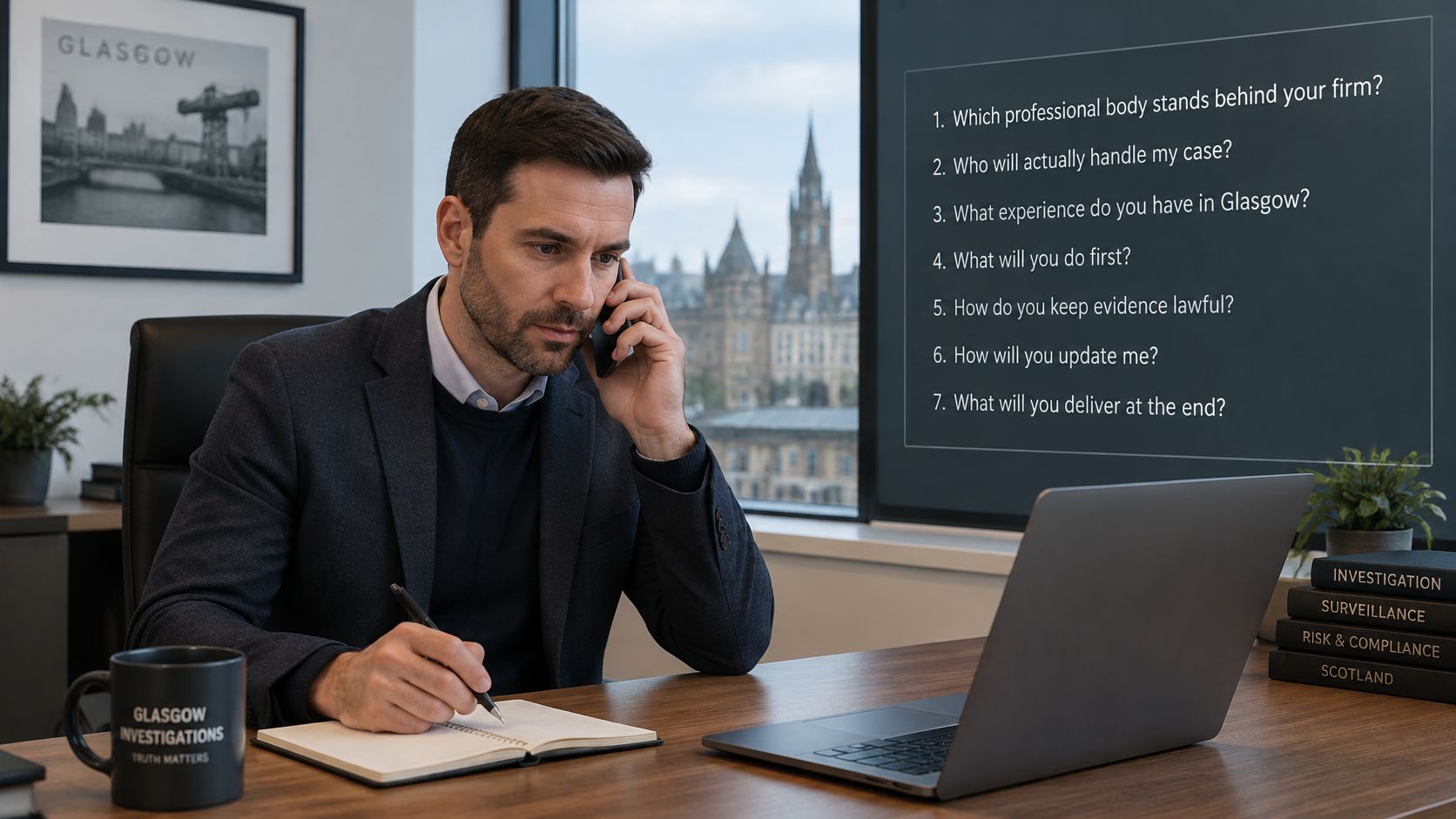 A professional investigator in Glasgow speaking on a phone while reviewing case questions on a laptop.
