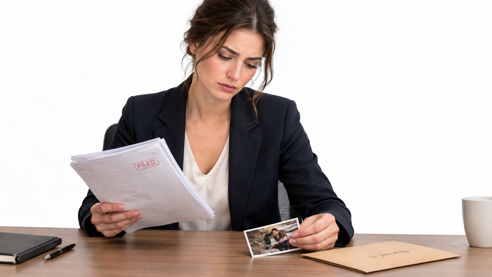 A businesswoman wearing a blazer examines a photograph and filed documents while sitting at a wooden desk.