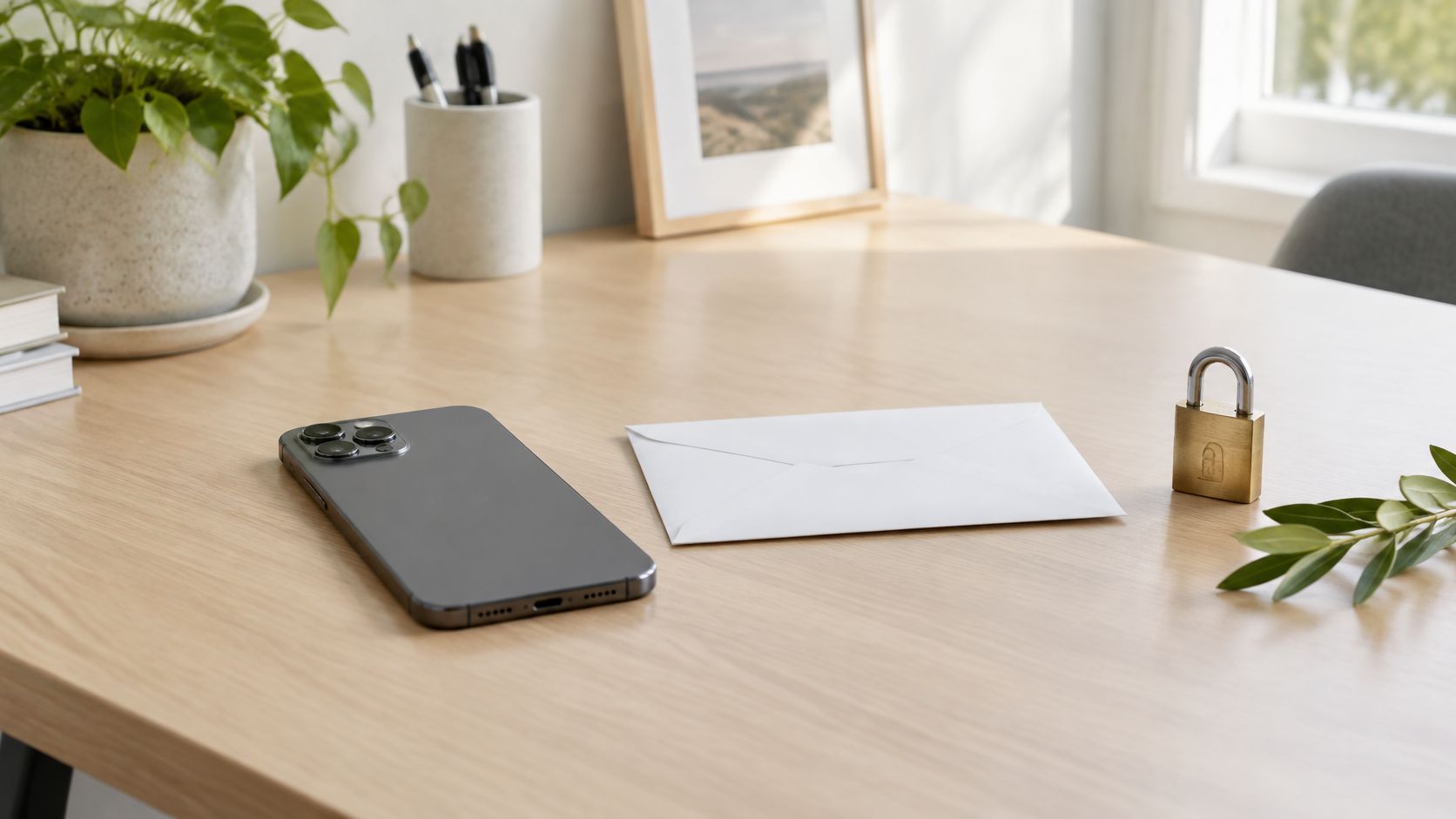 A smartphone, a closed envelope, and a brass padlock resting on a wooden office desk surface.