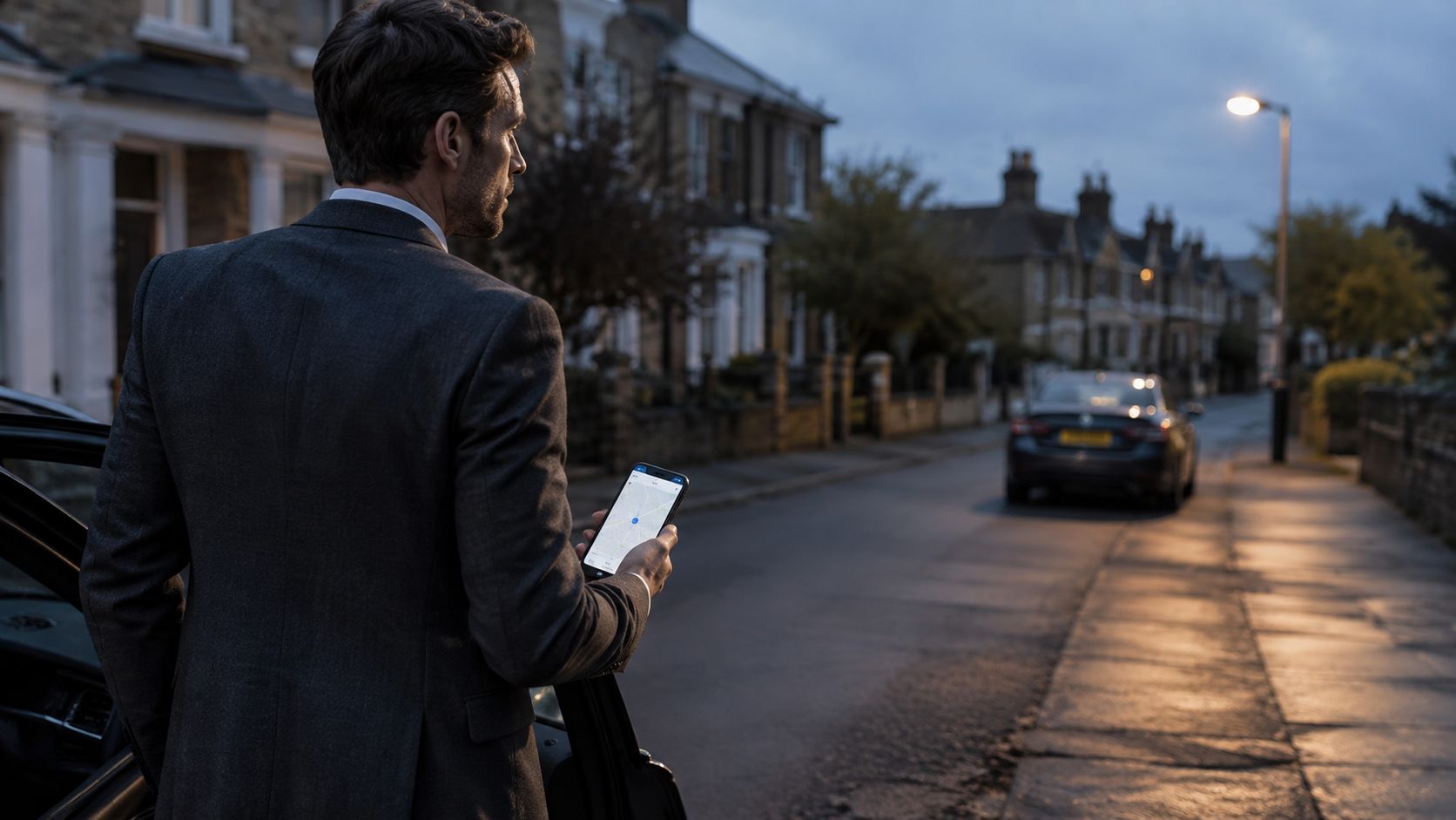 A businessman in a suit standing by a car while checking a GPS map on his smartphone.