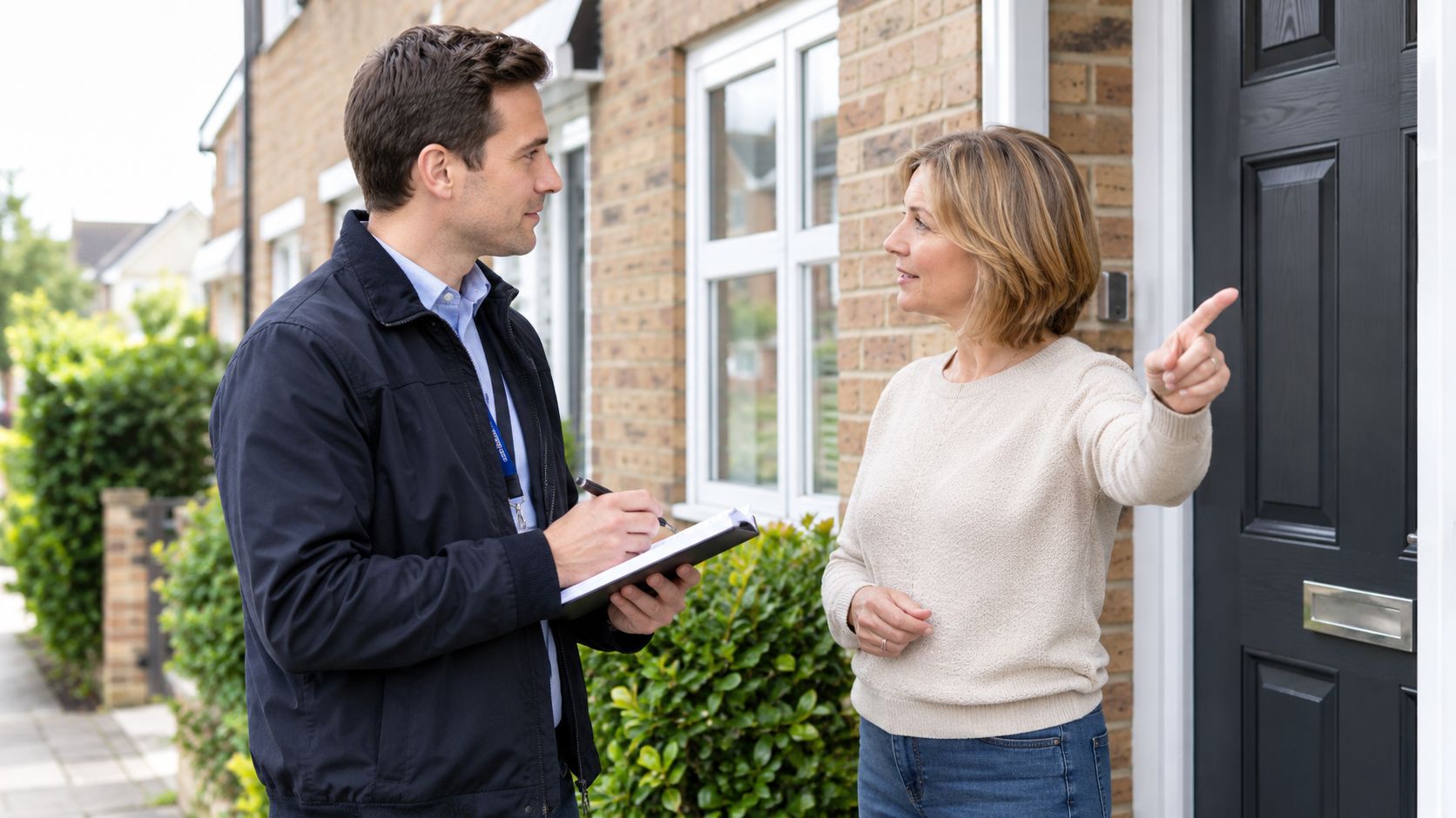A professional man with a clipboard talks to a woman pointing at a house entrance door.