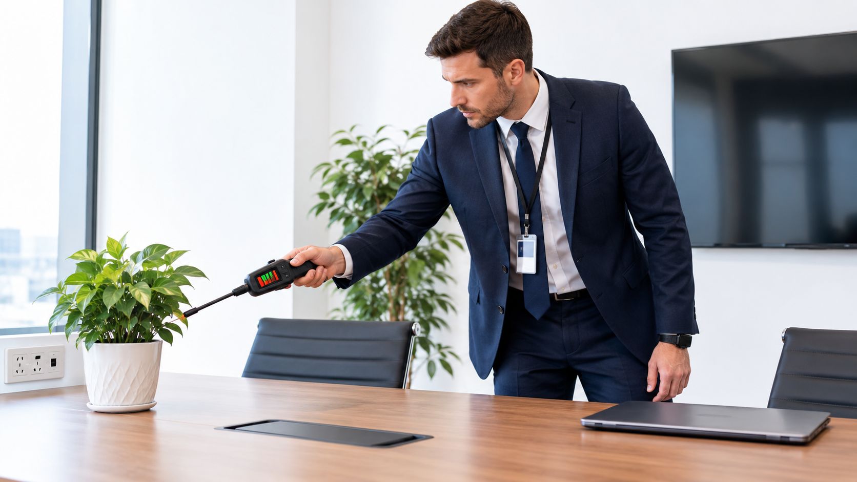 A private investigator using a handheld bug detector to scan for electronic surveillance devices in a corporate office.