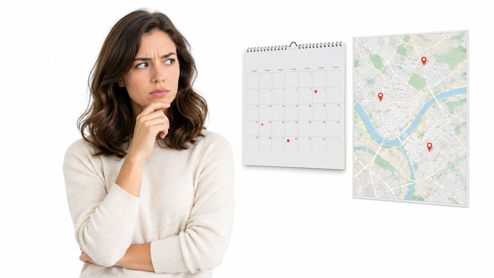 A pensive woman looking at a calendar and a map with marked locations on a white background.