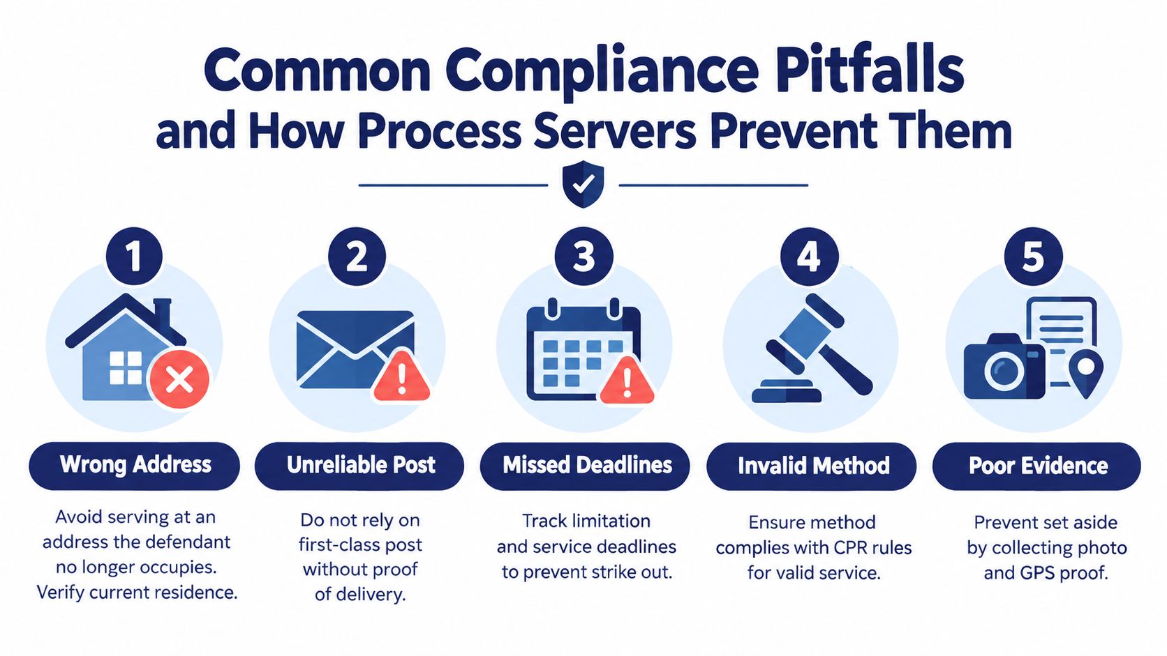 An infographic titled Common Compliance Pitfalls illustrating five key ways process servers ensure legal service requirements.
