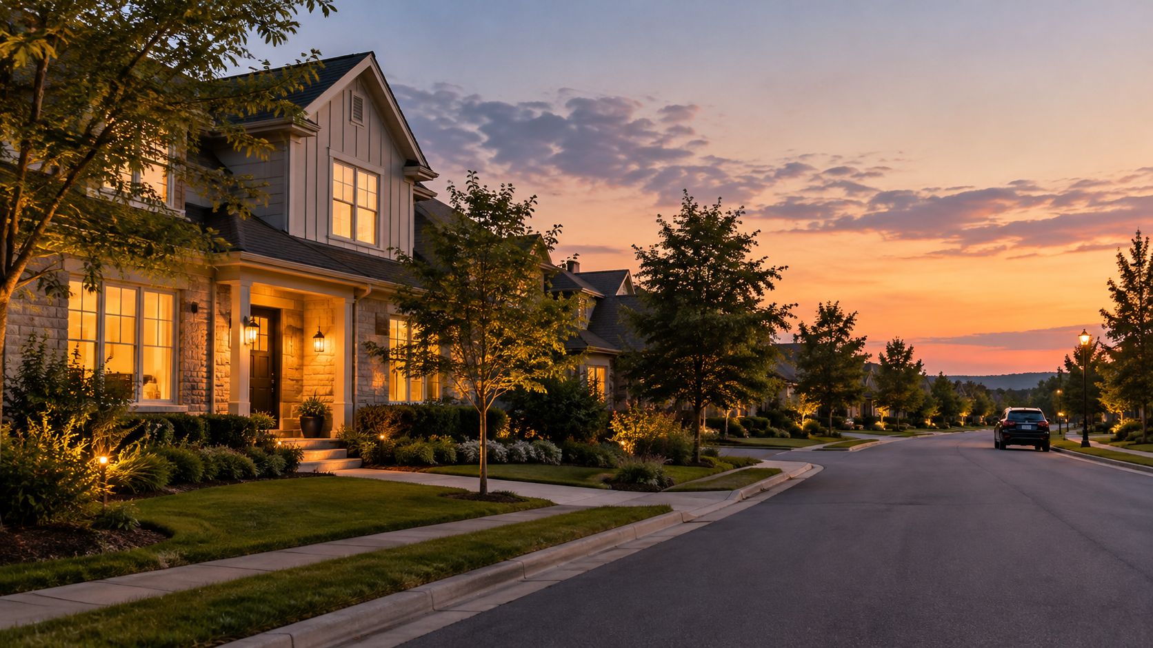 A quiet suburban street at sunset with warm glowing house lights and a car driving away.