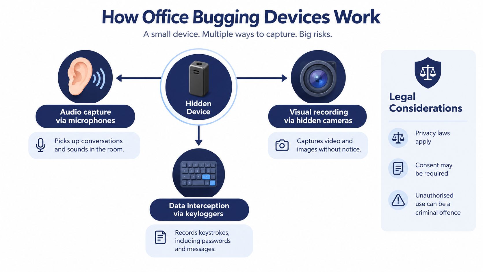 An infographic showing how office bugging devices operate through microphones, hidden cameras, and keystroke data interception.