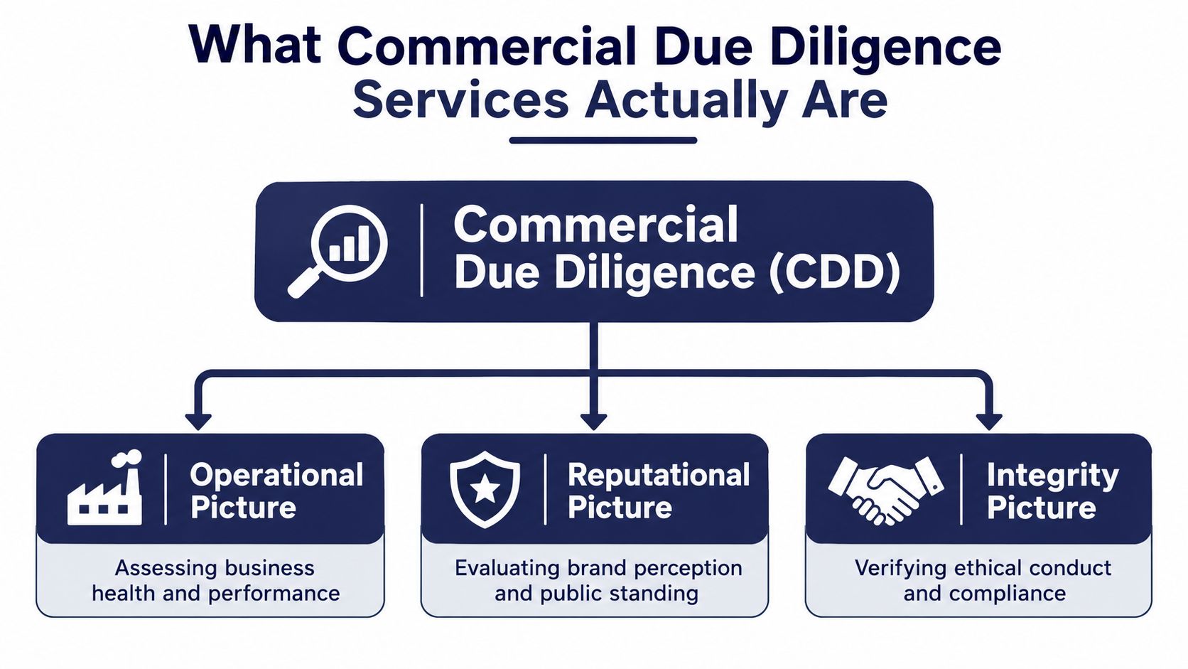 A diagram explaining the components of commercial due diligence services, including operational, reputational, and integrity pictures.