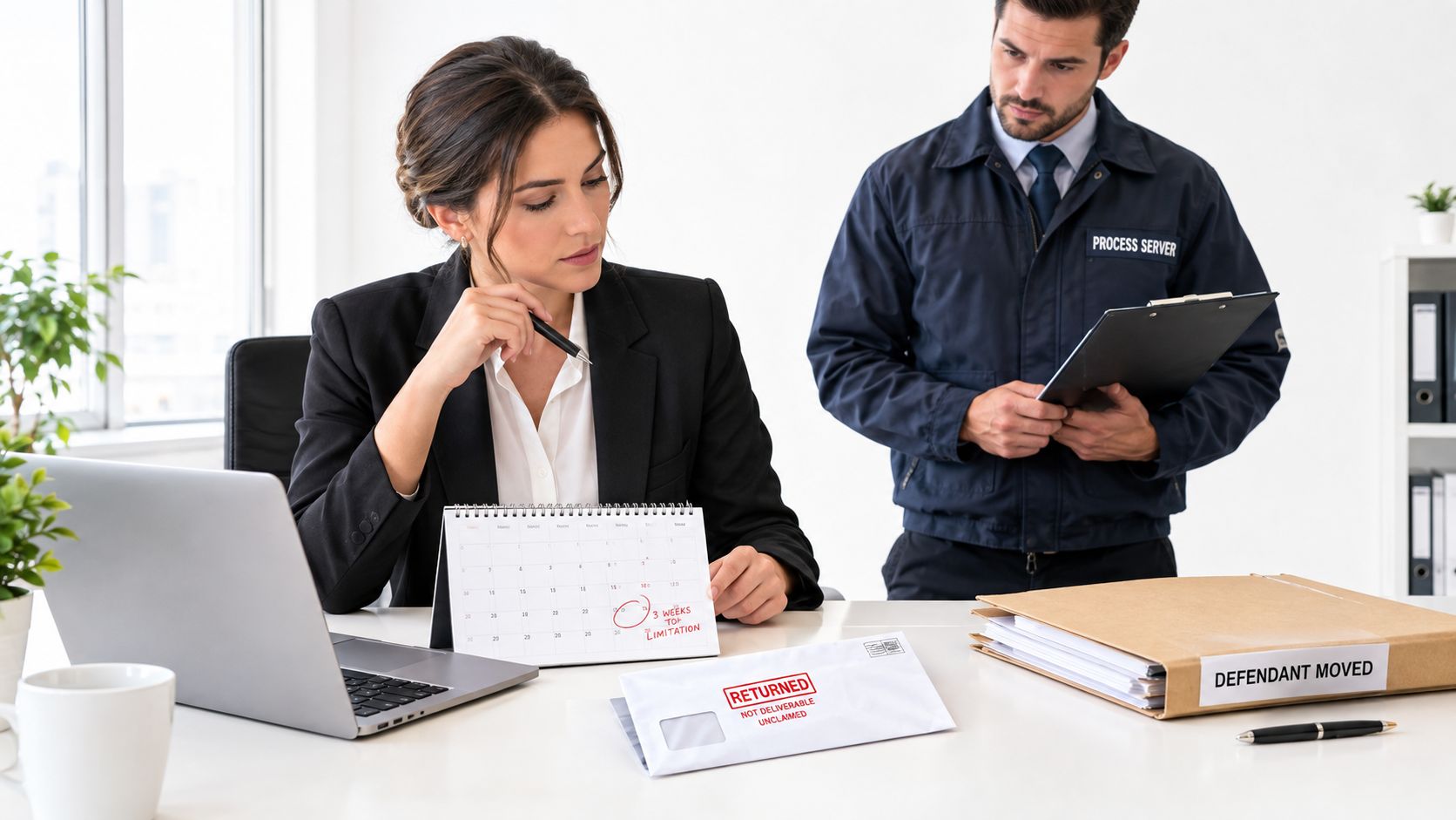 A professional woman in a suit consults with a process server regarding undeliverable legal mail in an office.
