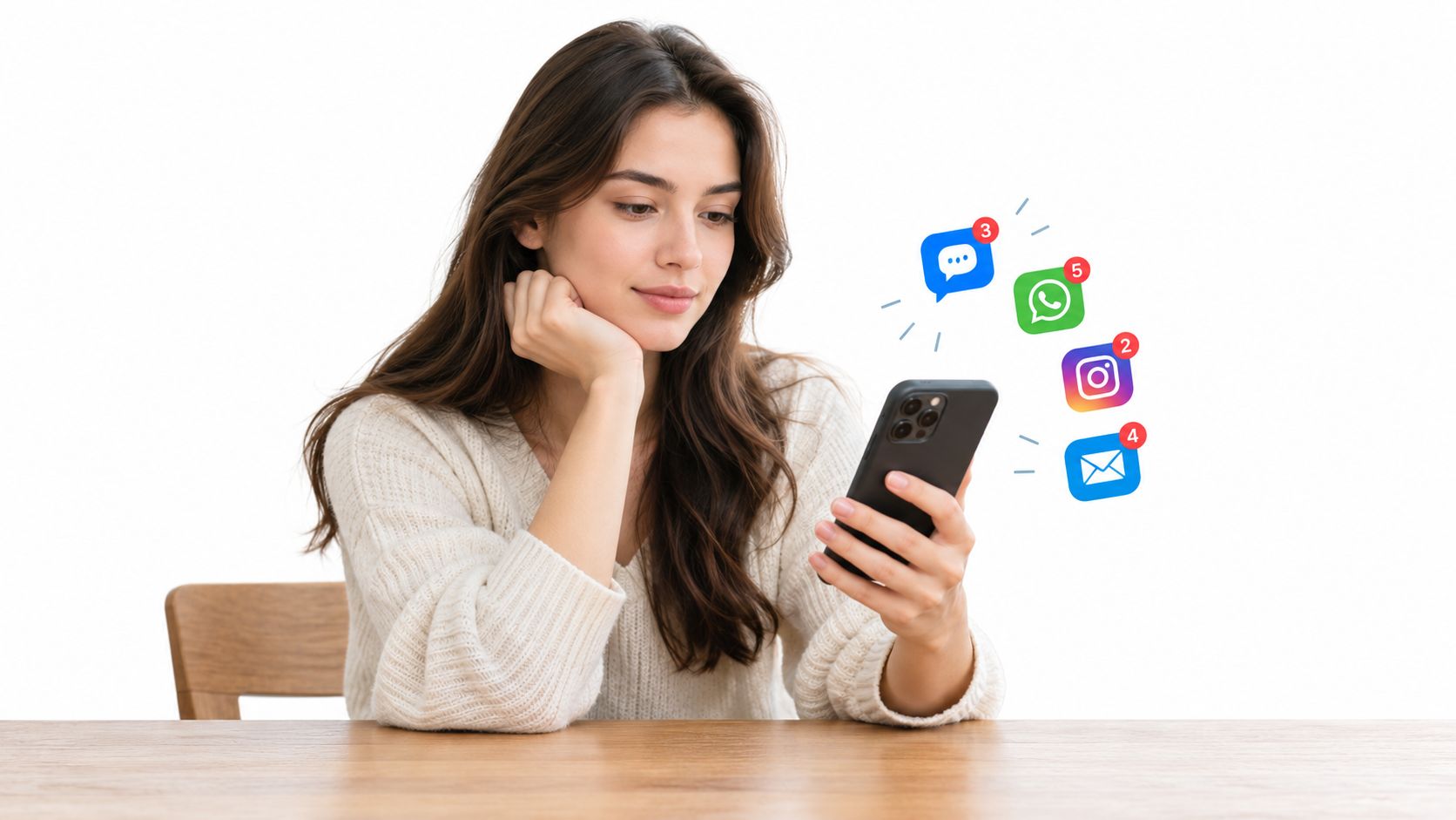 A young woman looking thoughtfully at her smartphone while various digital notification icons float nearby.