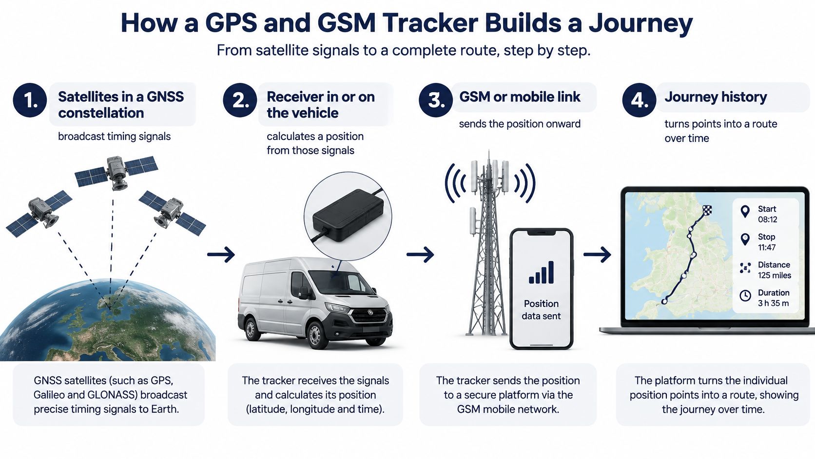 A diagram illustrating the four-step process of how GPS and GSM vehicle tracking technology works.