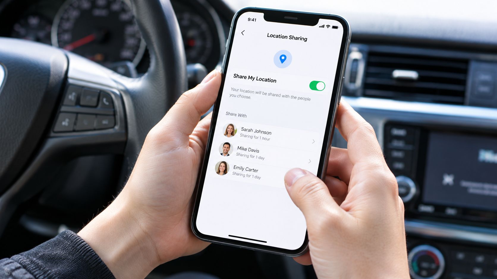 A person using a smartphone inside a car to manage location sharing settings with friends.
