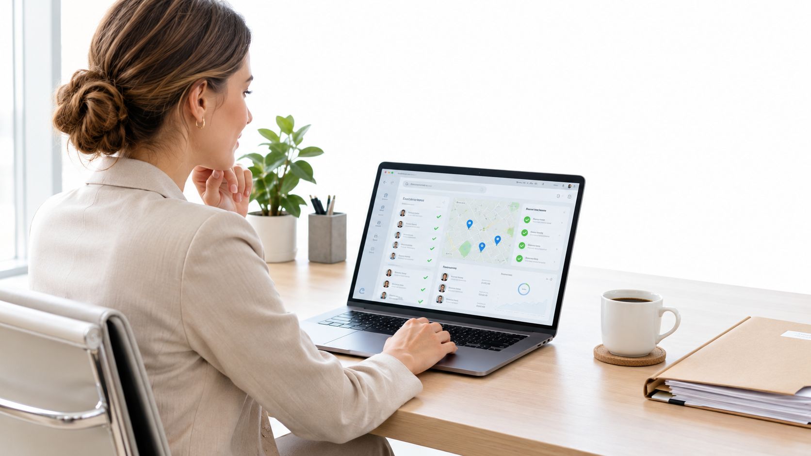 A businesswoman working at her desk while reviewing employee absence management data on a laptop screen.