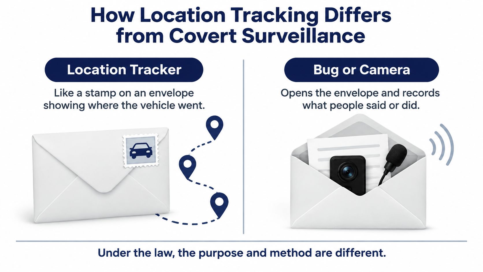 A comparison chart showing how location trackers differ from covert surveillance bugs and cameras using envelope metaphors.