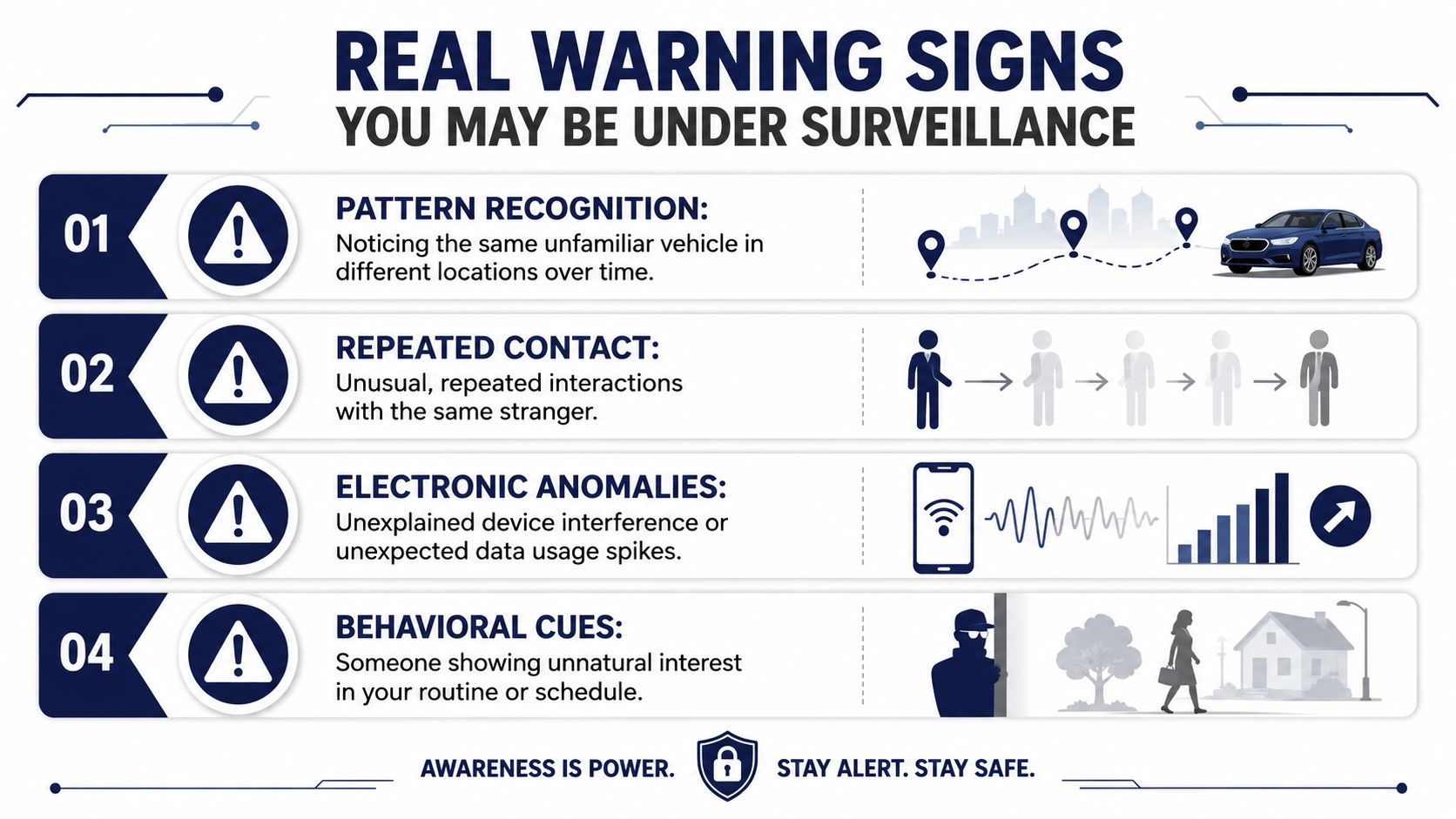An infographic detailing four key warning signs that someone may be under surveillance, including behavioral and electronic indicators.