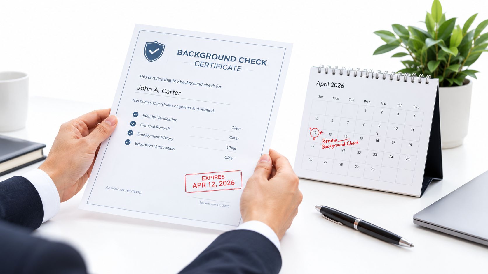 A professional holding a background check certificate with a calendar showing a reminder to renew it.