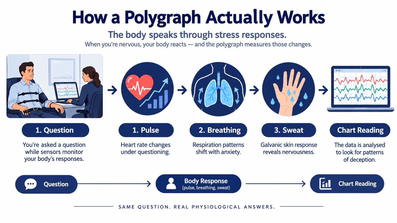 An infographic showing the four-step process of how a polygraph machine measures stress responses and physiological data.