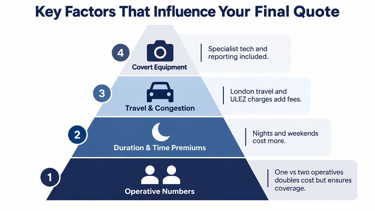 A pyramid infographic displaying four key factors that influence the final cost of private investigation services.