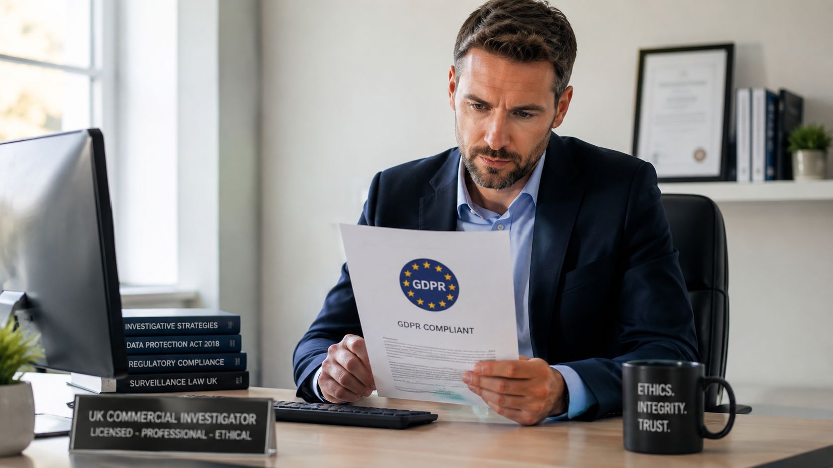 A professional investigator in a suit reviews a GDPR compliant document at his desk in an office.
