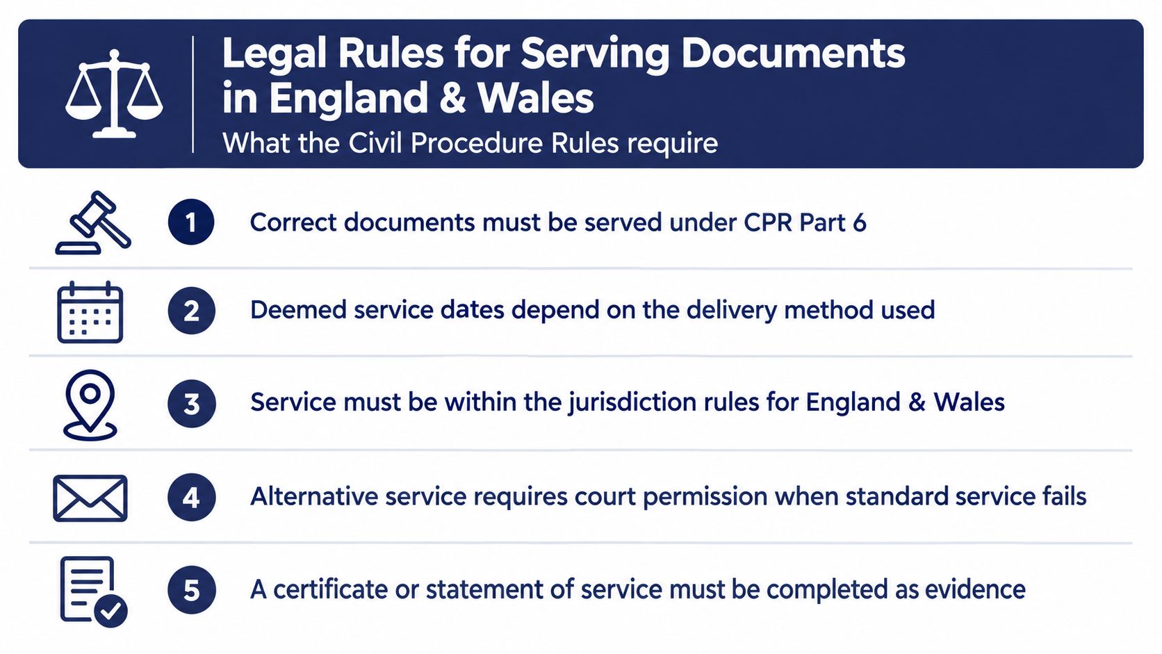 An infographic titled Legal Rules for Serving Documents in England and Wales detailing five key requirements.