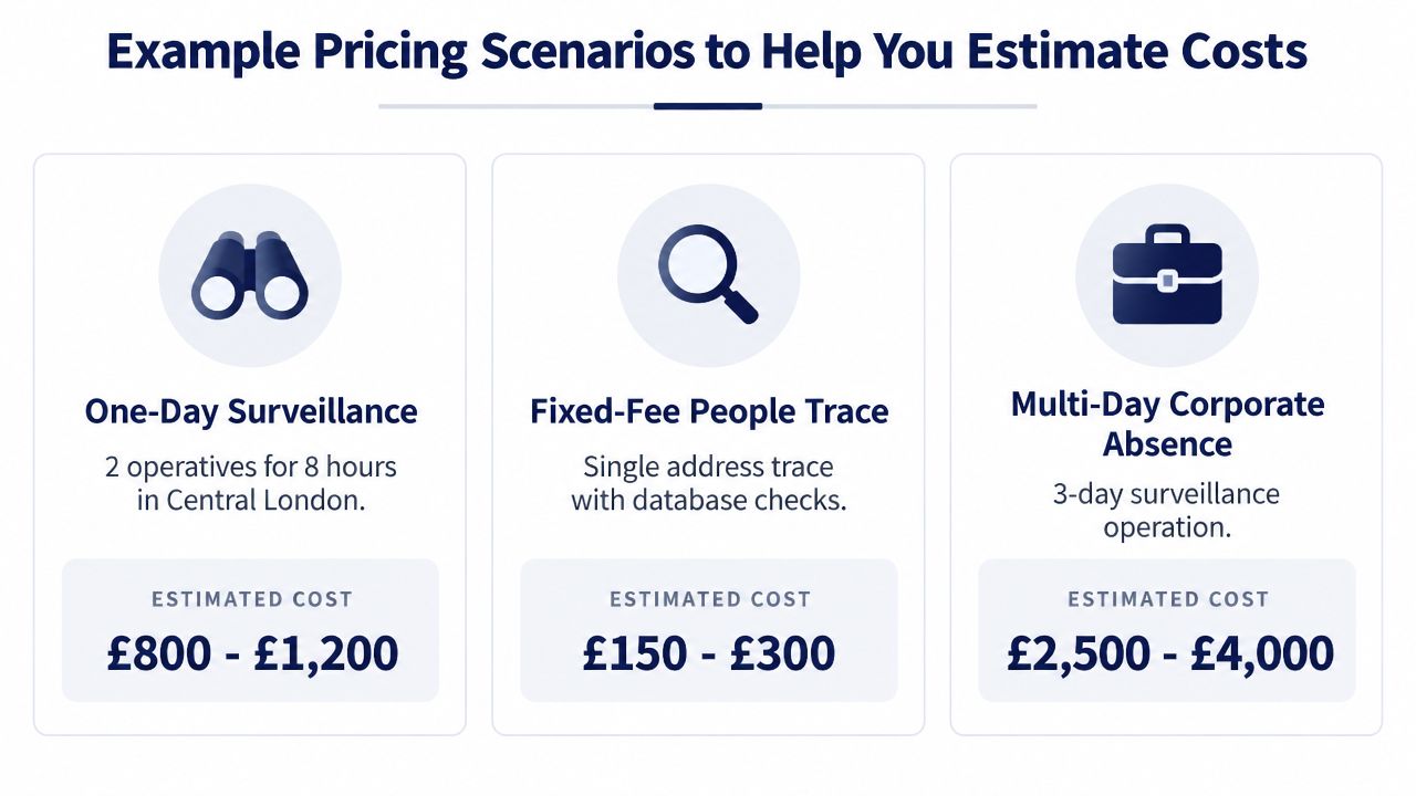 A graphic showing three example pricing scenarios for private investigation services including surveillance and people tracing.