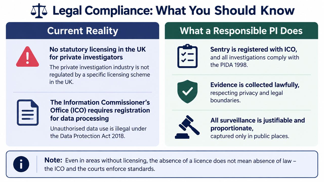 An infographic detailing the legal compliance, licensing, and ethical standards for private investigators in the UK.