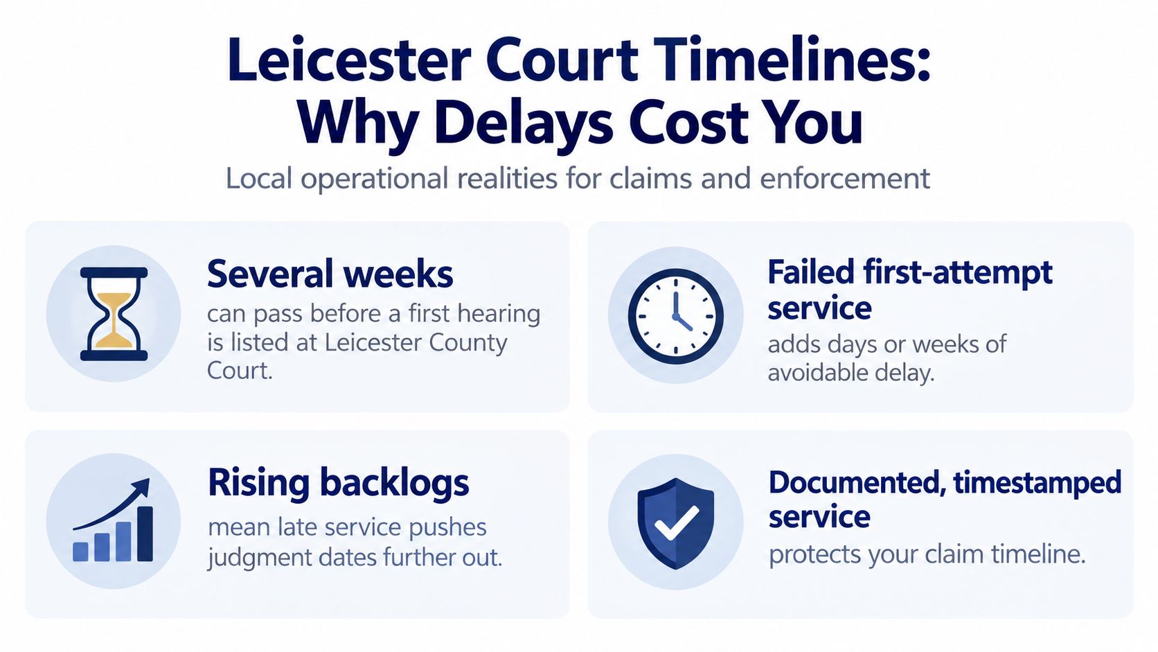 An infographic titled Leicester Court Timelines explaining how delays impact legal claims and enforcement procedures.