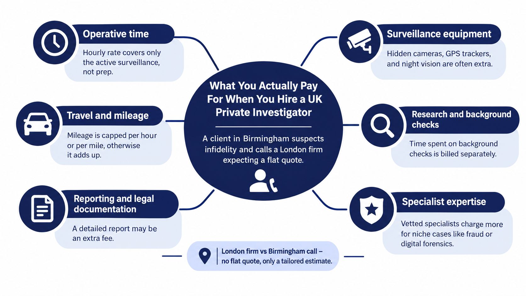 A diagram explaining various cost factors when hiring a private investigator in the United Kingdom.