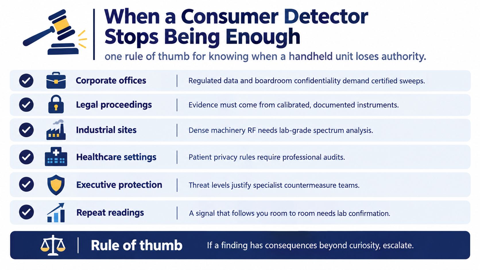 An infographic detailing scenarios where professional RF signal detectors are required over consumer-grade devices.