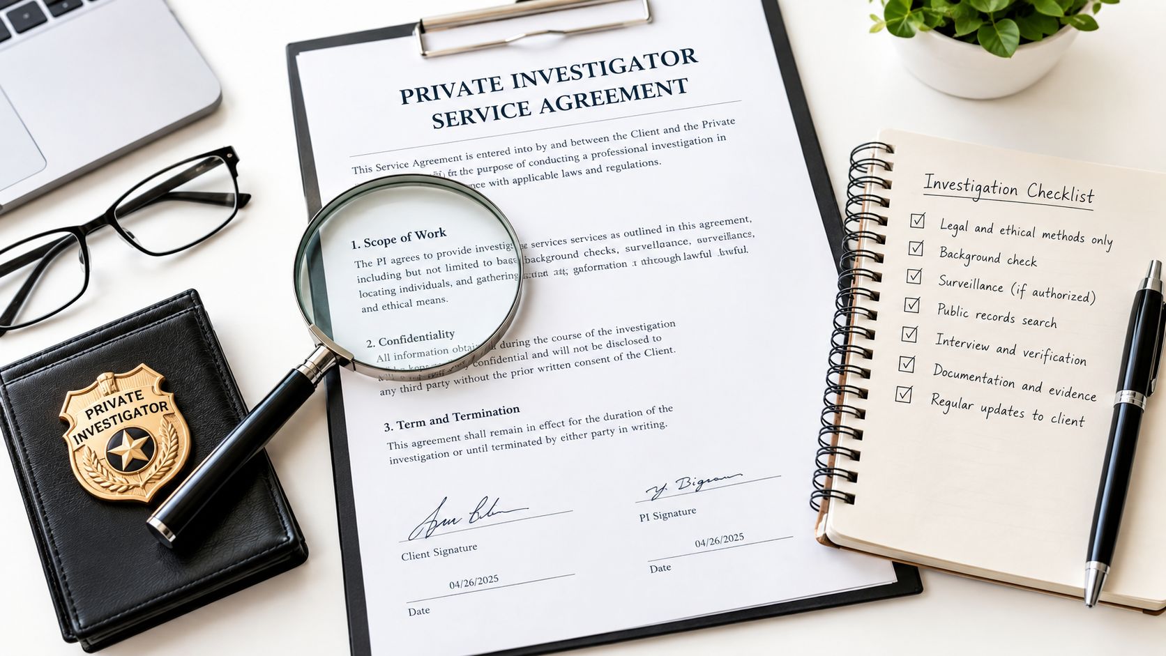 A top-down view of a private investigator service agreement on a clipboard with professional tools and checklist.