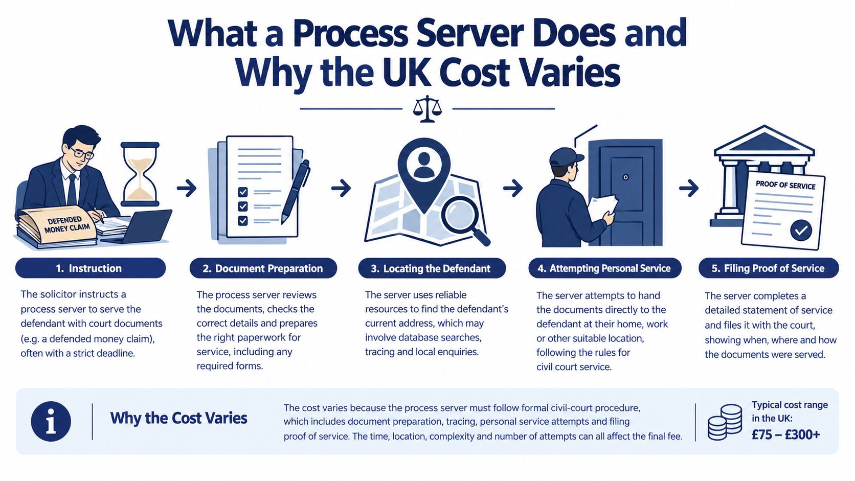 An infographic showing the five steps of the process server workflow in the UK and pricing factors.