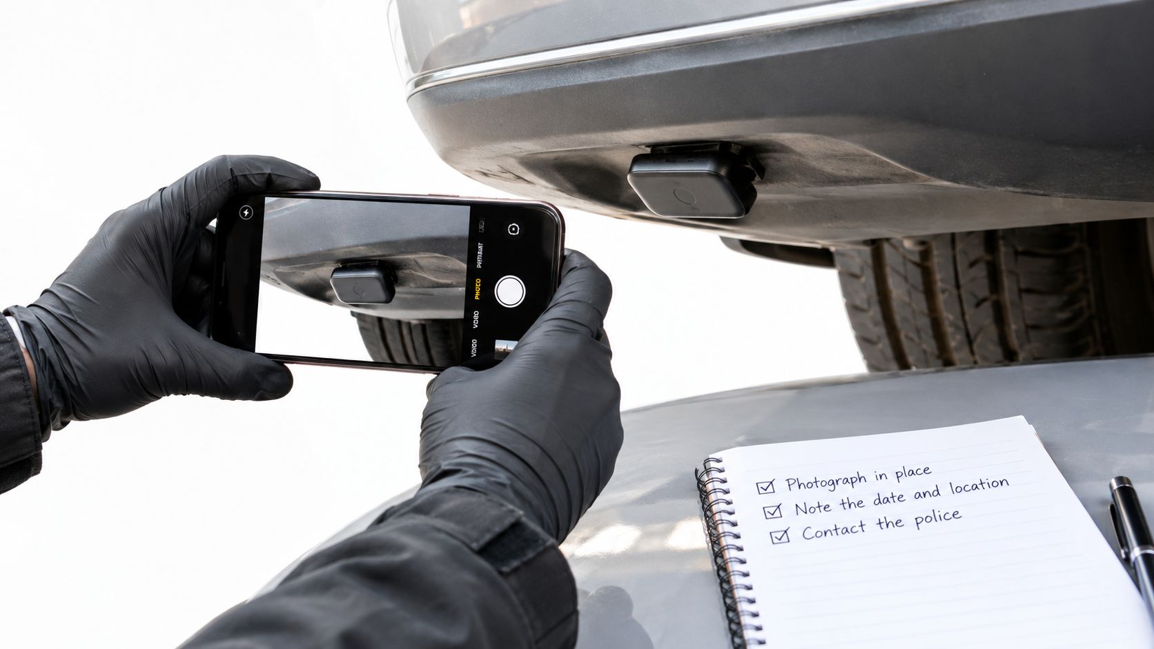 A person wearing black gloves photographing a suspicious GPS tracker attached to the underside of a car.